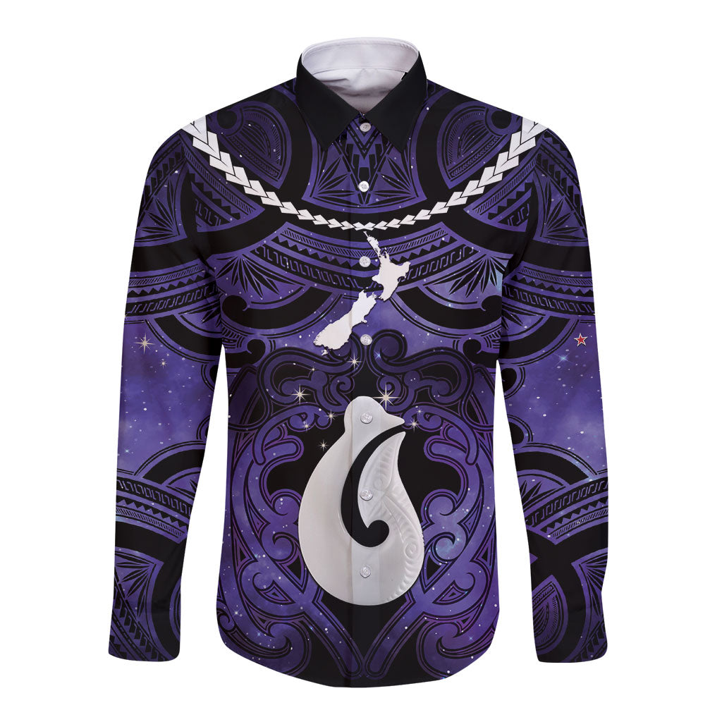 Personalised Maori Matariki Hei Matau Waiporoporo Long Sleeve Button Shirt Maori Kowhaiwhai Pattern Galaxy