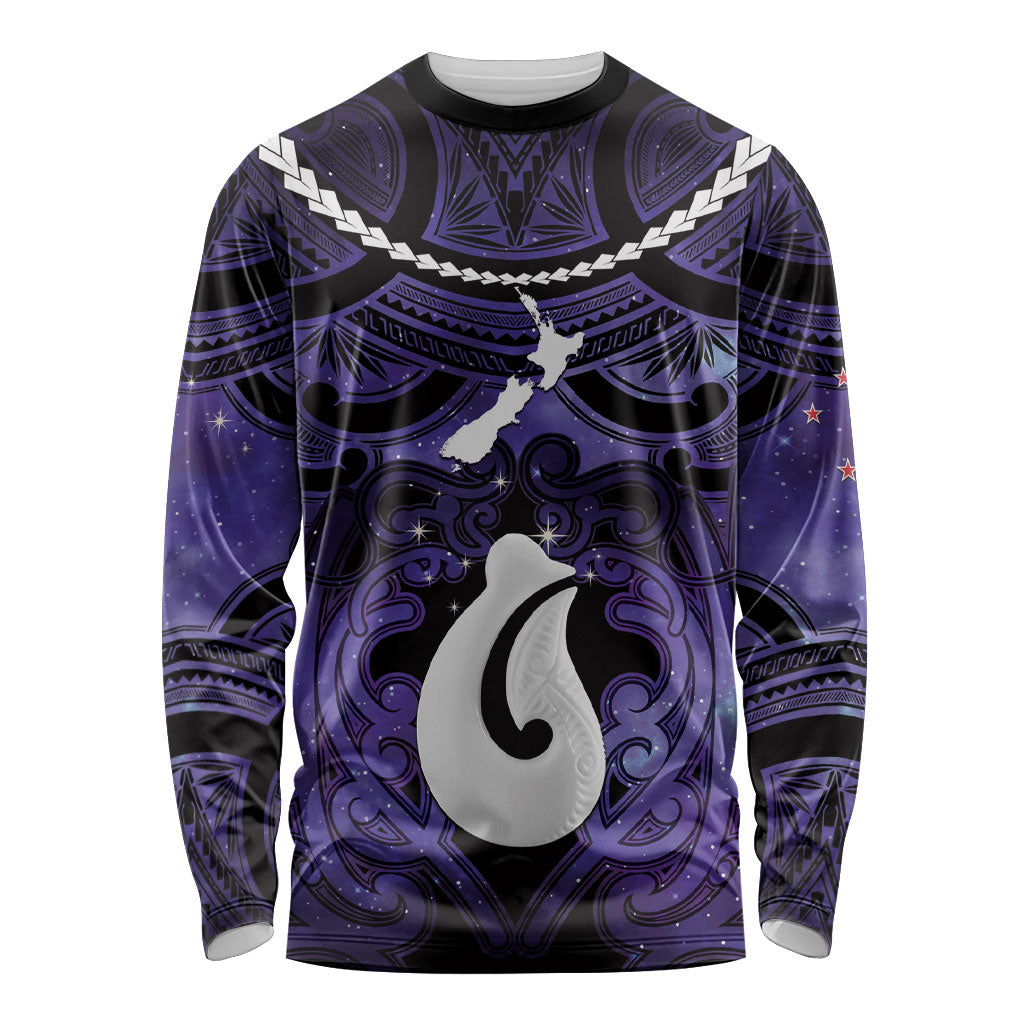 Personalised Maori Matariki Hei Matau Waiporoporo Long Sleeve Shirt Maori Kowhaiwhai Pattern Galaxy