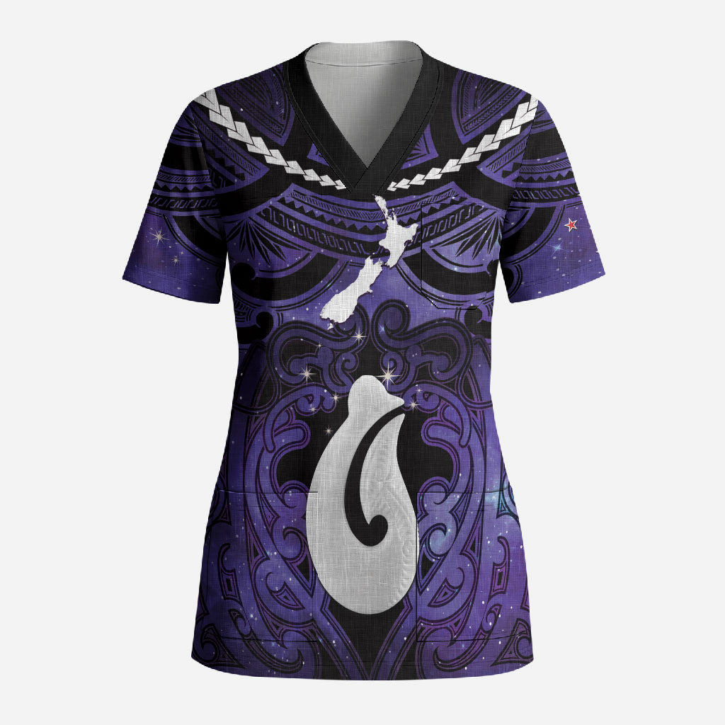 Personalised Maori Matariki Hei Matau Waiporoporo Scrub Top Maori Kowhaiwhai Pattern Galaxy LT01 Adult Purple - Polynesian Pride