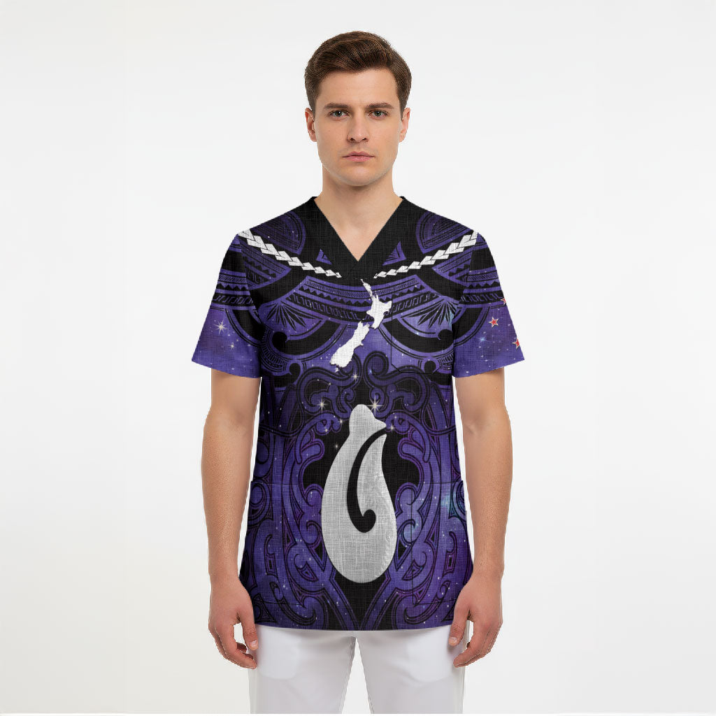 Personalised Maori Matariki Hei Matau Waiporoporo Scrub Top Maori Kowhaiwhai Pattern Galaxy LT01 - Polynesian Pride