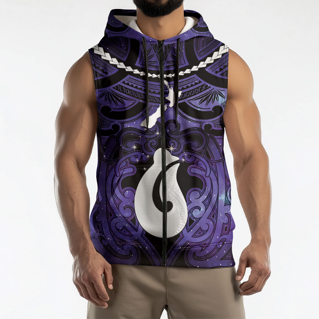 Personalised Maori Matariki Hei Matau Waiporoporo Sleeveless Zip Hoodie Maori Kowhaiwhai Pattern Galaxy LT01 - Polynesian Pride