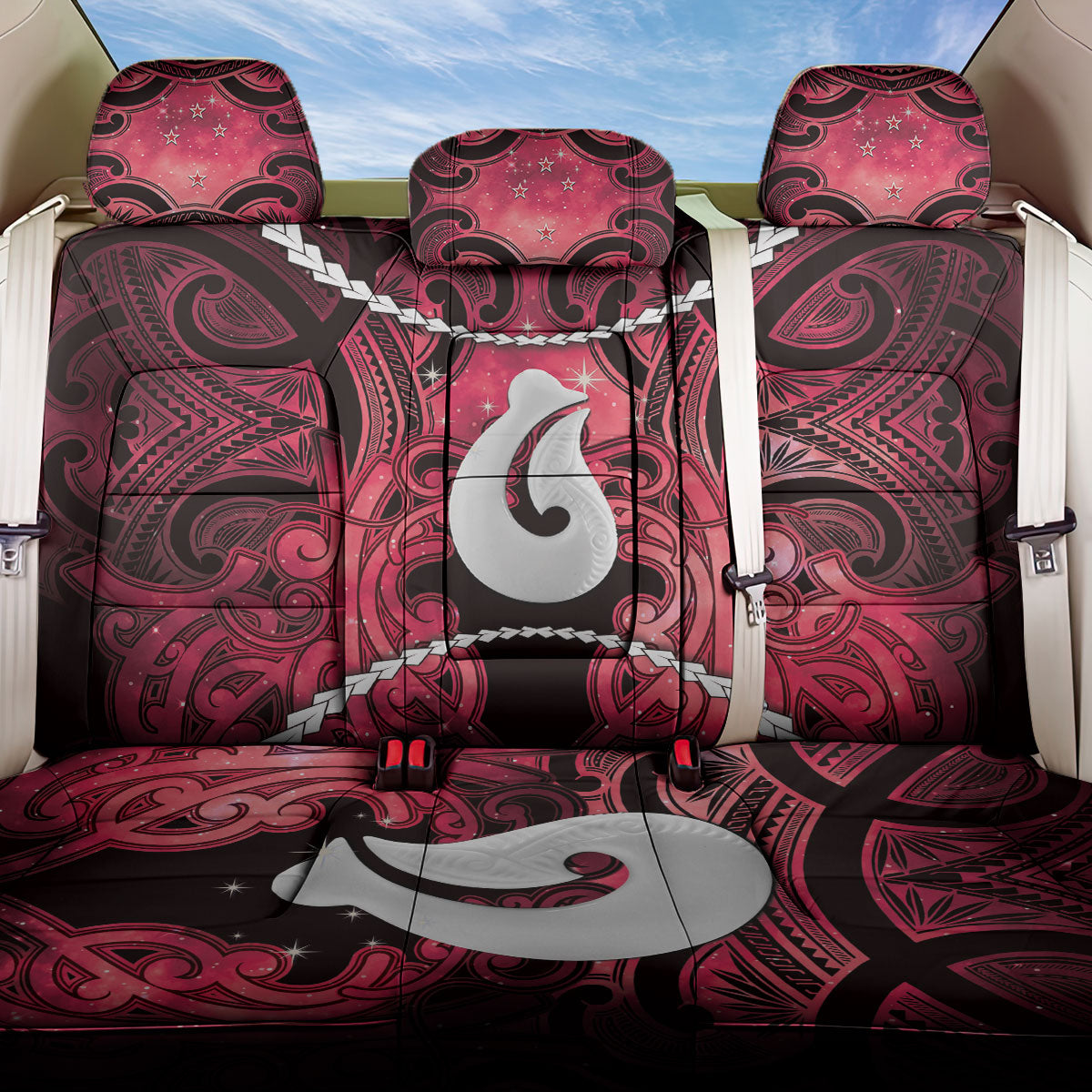 Maori Matariki Hei Matau Whero Back Car Seat Cover Maori Kowhaiwhai Pattern Galaxy LT01 One Size Red - Polynesian Pride