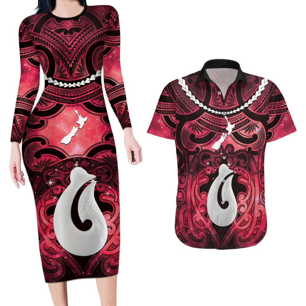 Personalised Maori Matariki Hei Matau Whero Couples Matching Long Sleeve Bodycon Dress and Hawaiian Shirt Maori Kowhaiwhai Pattern Galaxy