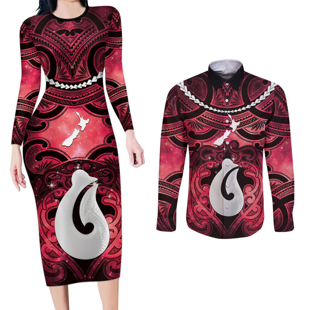 Personalised Maori Matariki Hei Matau Whero Couples Matching Long Sleeve Bodycon Dress and Long Sleeve Button Shirt Maori Kowhaiwhai Pattern Galaxy