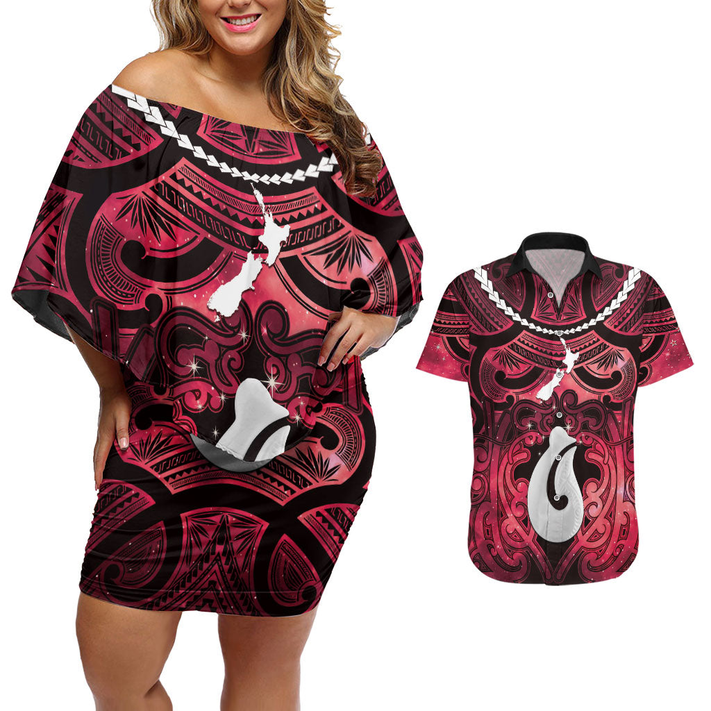 Personalised Maori Matariki Hei Matau Whero Couples Matching Off Shoulder Short Dress and Hawaiian Shirt Maori Kowhaiwhai Pattern Galaxy
