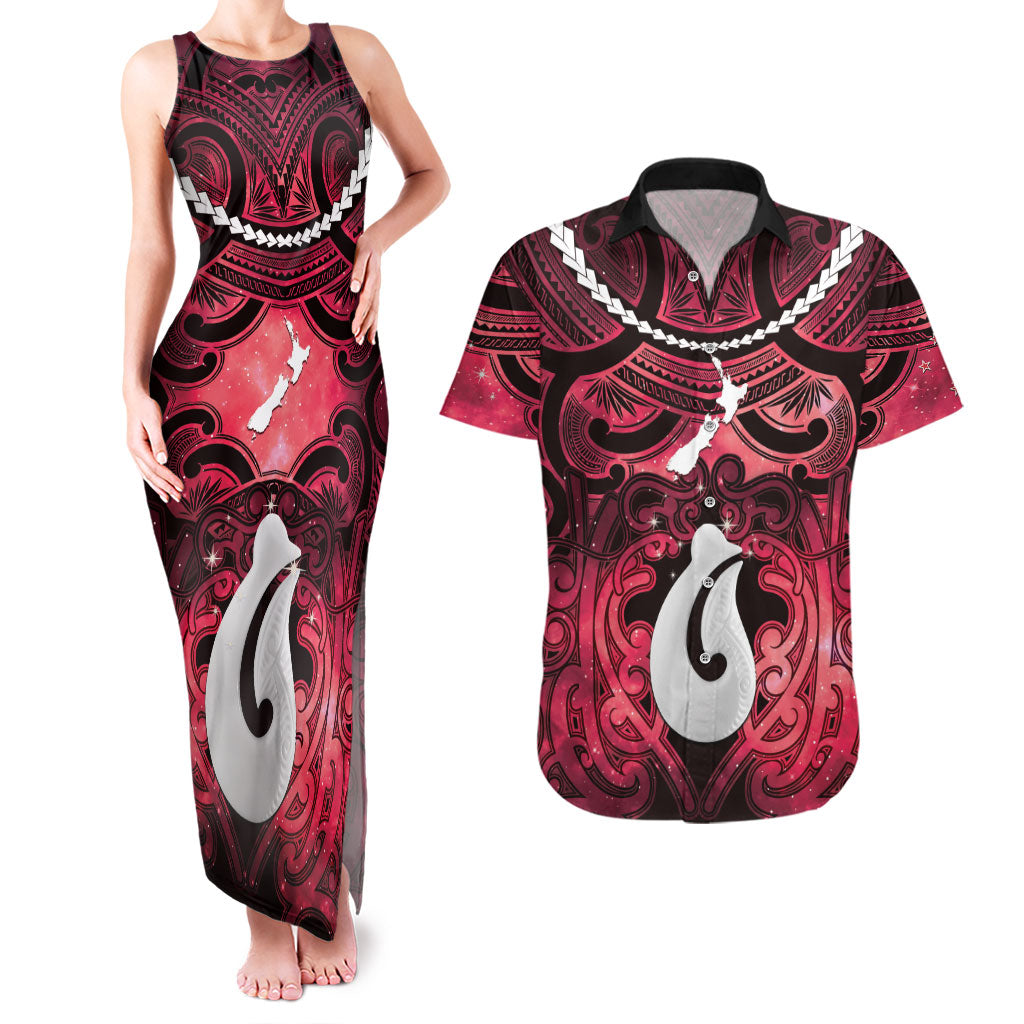 Personalised Maori Matariki Hei Matau Whero Couples Matching Tank Maxi Dress and Hawaiian Shirt Maori Kowhaiwhai Pattern Galaxy