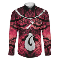 Personalised Maori Matariki Hei Matau Whero Family Matching Long Sleeve Bodycon Dress and Hawaiian Shirt Maori Kowhaiwhai Pattern Galaxy LT01 Dad's Shirt - Long Sleeve Red - Polynesian Pride