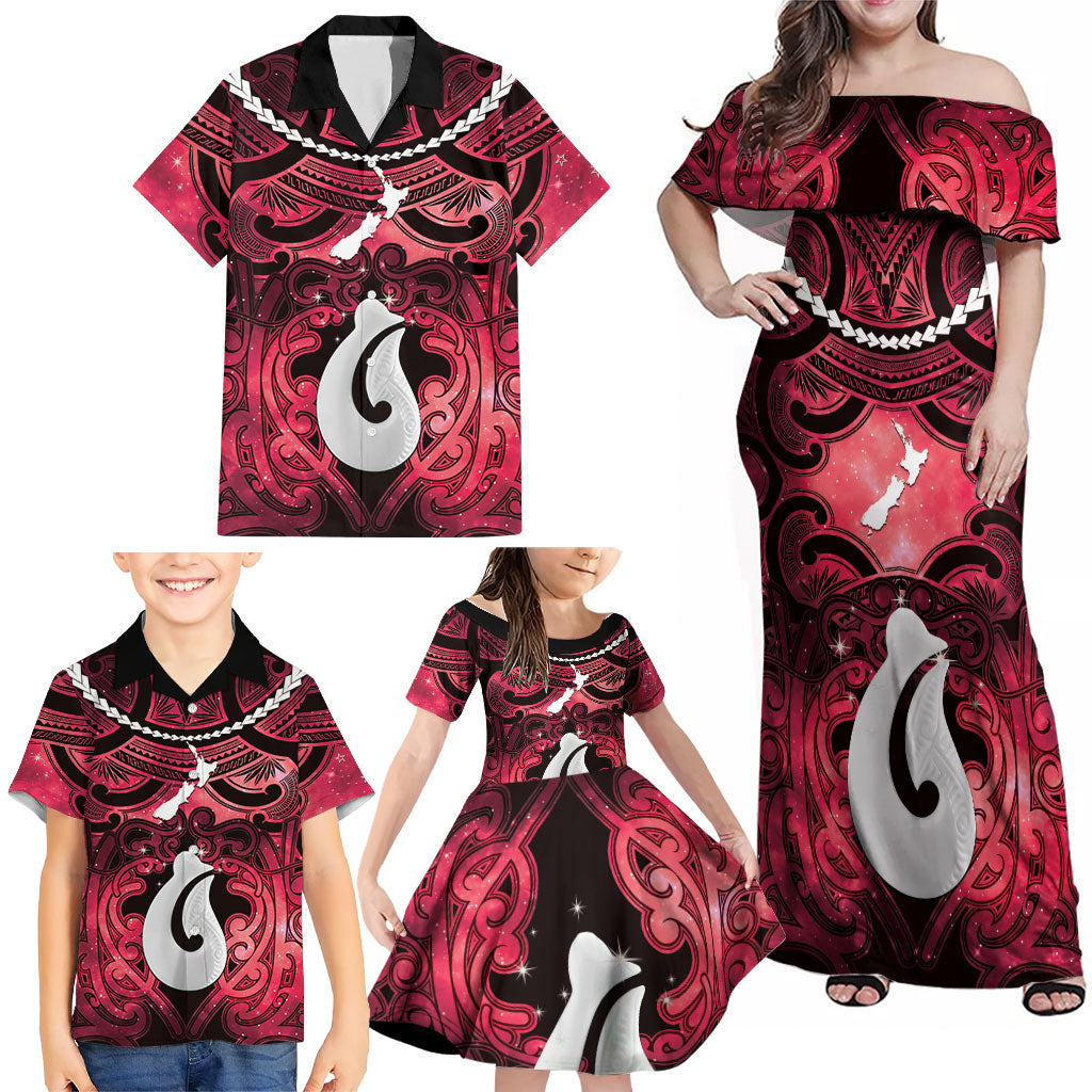 Personalised Maori Matariki Hei Matau Whero Family Matching Off Shoulder Maxi Dress and Hawaiian Shirt Maori Kowhaiwhai Pattern Galaxy