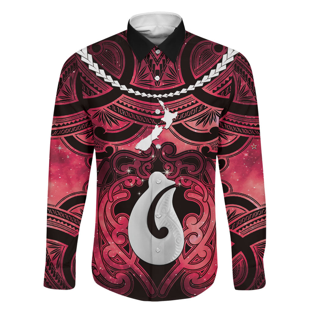 Personalised Maori Matariki Hei Matau Whero Family Matching Short Sleeve Bodycon Dress and Hawaiian Shirt Maori Kowhaiwhai Pattern Galaxy LT01 Dad's Shirt - Long Sleeve Red - Polynesian Pride