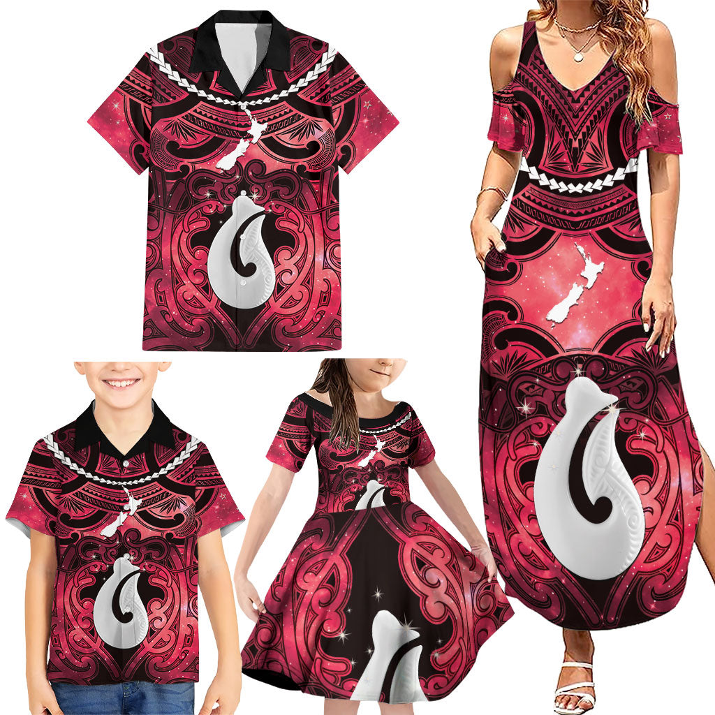 Personalised Maori Matariki Hei Matau Whero Family Matching Summer Maxi Dress and Hawaiian Shirt Maori Kowhaiwhai Pattern Galaxy