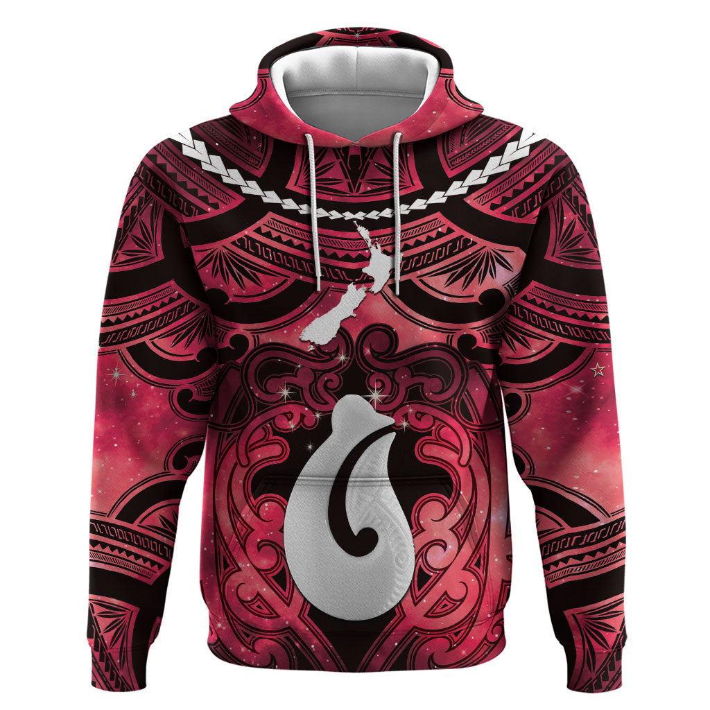 Personalised Maori Matariki Hei Matau Whero Hoodie Maori Kowhaiwhai Pattern Galaxy LT01 Pullover Hoodie Red - Polynesian Pride