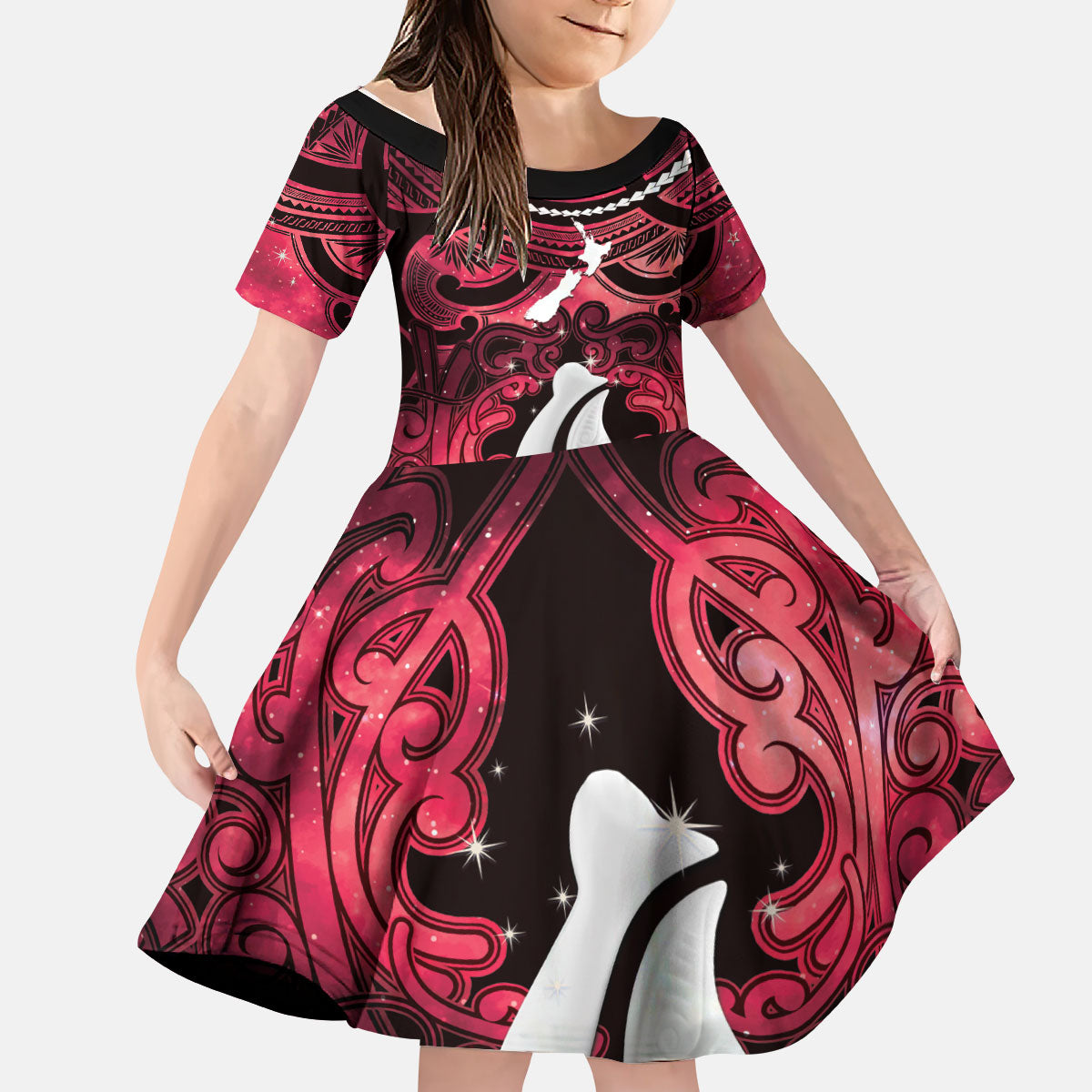 Personalised Maori Matariki Hei Matau Whero Kid Short Sleeve Dress Maori Kowhaiwhai Pattern Galaxy