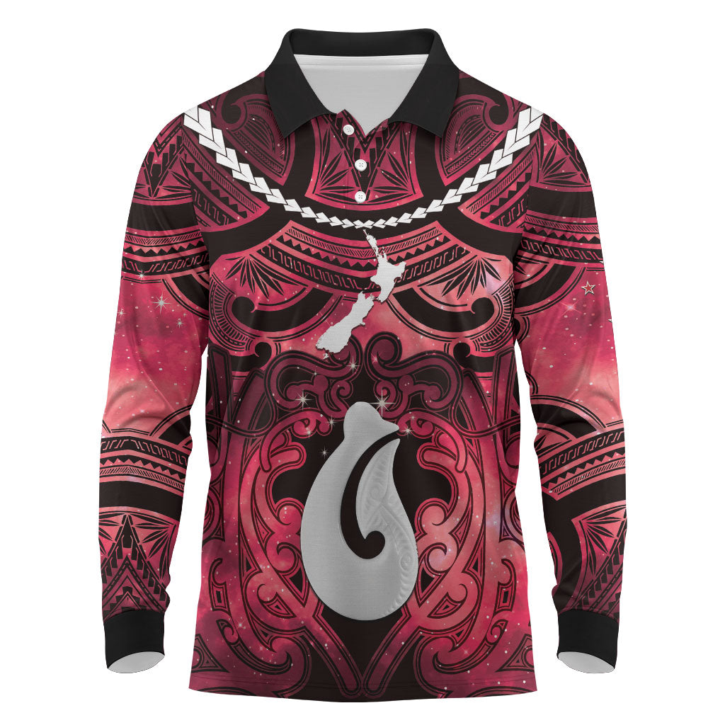 Personalised Maori Matariki Hei Matau Whero Long Sleeve Polo Shirt Maori Kowhaiwhai Pattern Galaxy LT01 Red - Polynesian Pride