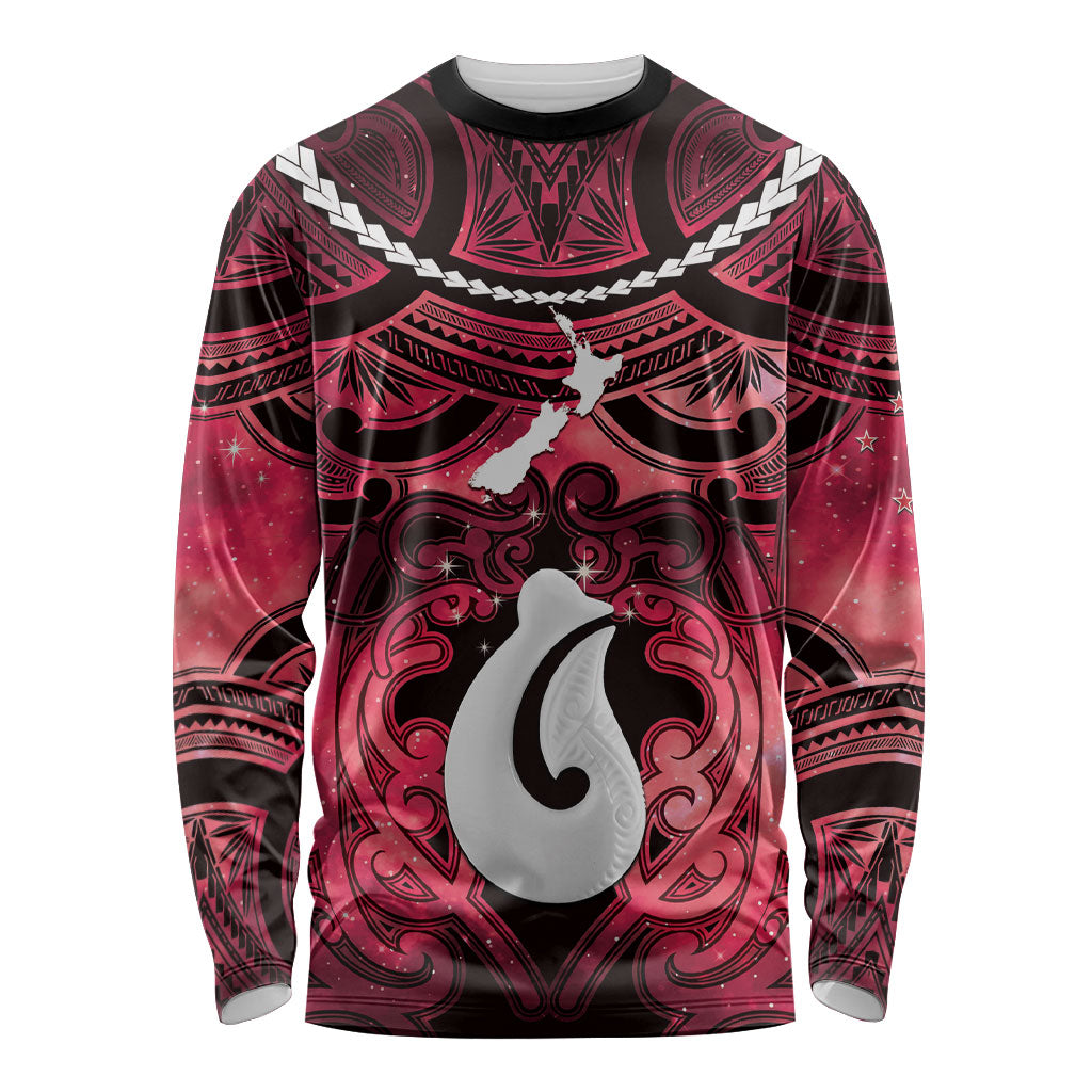 Personalised Maori Matariki Hei Matau Whero Long Sleeve Shirt Maori Kowhaiwhai Pattern Galaxy LT01 Unisex Red - Polynesian Pride