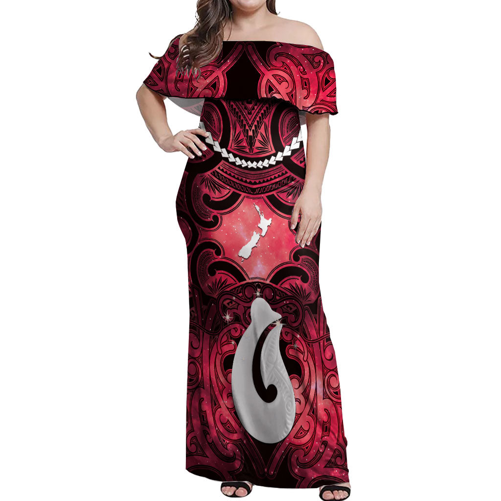 Personalised Maori Matariki Hei Matau Whero Off Shoulder Maxi Dress Maori Kowhaiwhai Pattern Galaxy