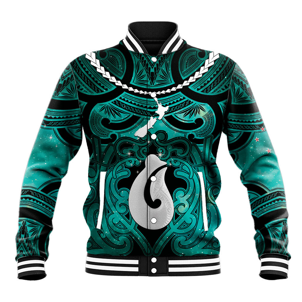 Personalised Maori Matariki Hei Matau Turquoise Baseball Jacket Maori Kowhaiwhai Pattern Galaxy