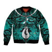 Personalised Maori Matariki Hei Matau Turquoise Bomber Jacket Maori Kowhaiwhai Pattern Galaxy LT01 Unisex Turquoise - Polynesian Pride