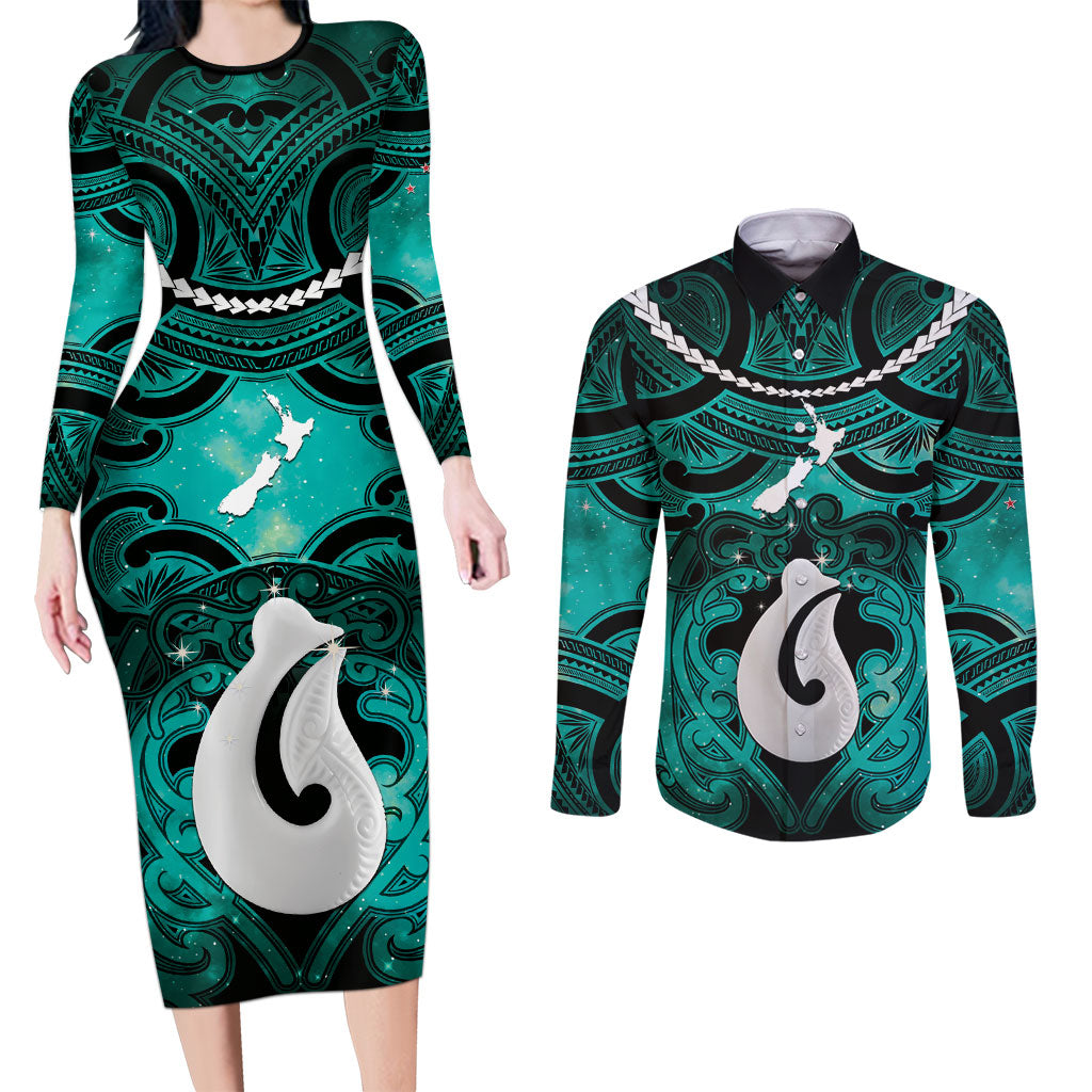 Personalised Maori Matariki Hei Matau Turquoise Couples Matching Long Sleeve Bodycon Dress and Long Sleeve Button Shirt Maori Kowhaiwhai Pattern Galaxy