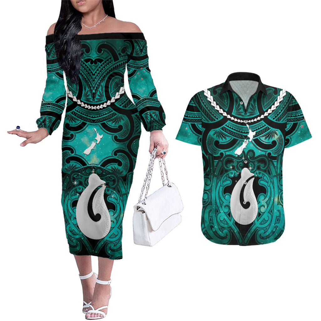Personalised Maori Matariki Hei Matau Turquoise Couples Matching Off The Shoulder Long Sleeve Dress and Hawaiian Shirt Maori Kowhaiwhai Pattern Galaxy