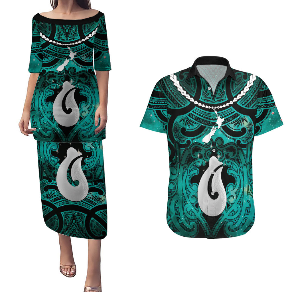 Personalised Maori Matariki Hei Matau Turquoise Couples Matching Puletasi and Hawaiian Shirt Maori Kowhaiwhai Pattern Galaxy
