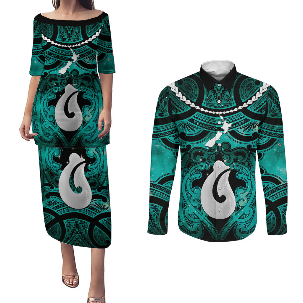Personalised Maori Matariki Hei Matau Turquoise Couples Matching Puletasi and Long Sleeve Button Shirt Maori Kowhaiwhai Pattern Galaxy