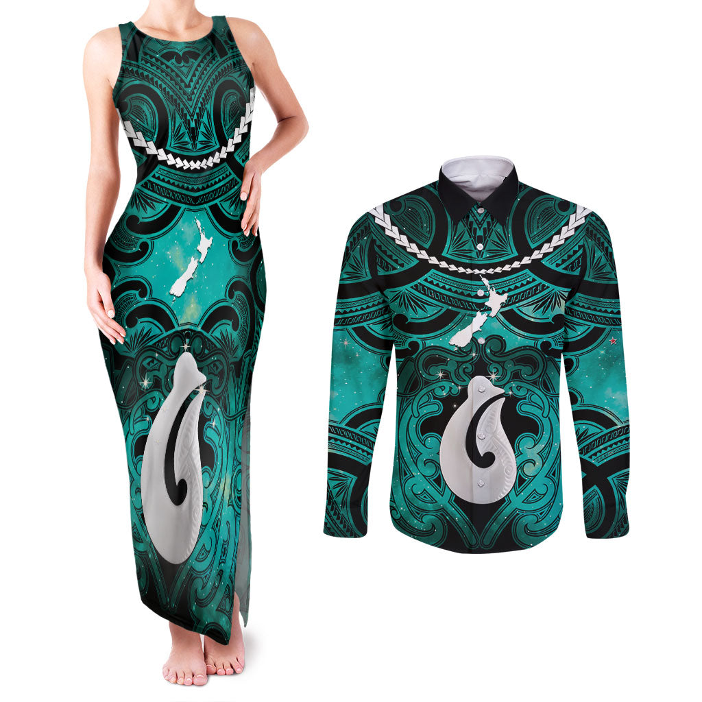 Personalised Maori Matariki Hei Matau Turquoise Couples Matching Tank Maxi Dress and Long Sleeve Button Shirt Maori Kowhaiwhai Pattern Galaxy