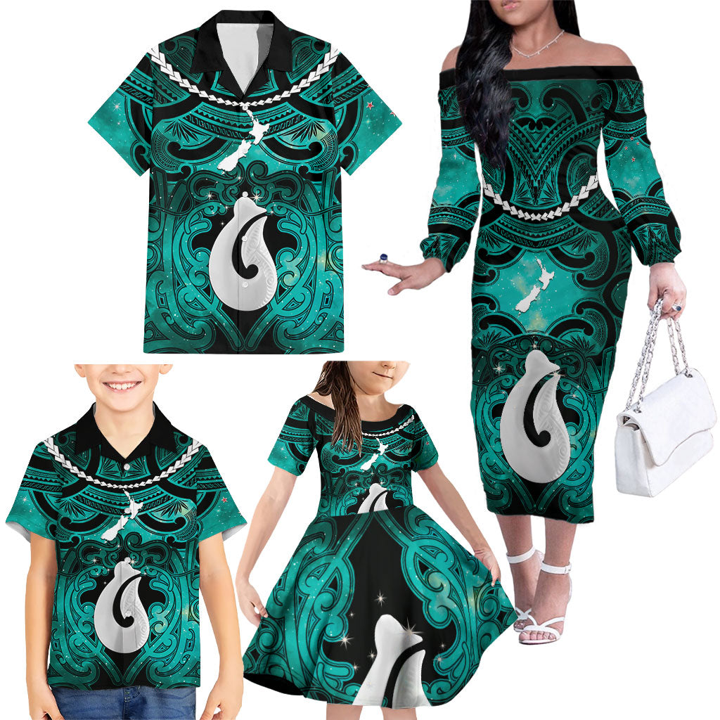 Personalised Maori Matariki Hei Matau Turquoise Family Matching Off The Shoulder Long Sleeve Dress and Hawaiian Shirt Maori Kowhaiwhai Pattern Galaxy