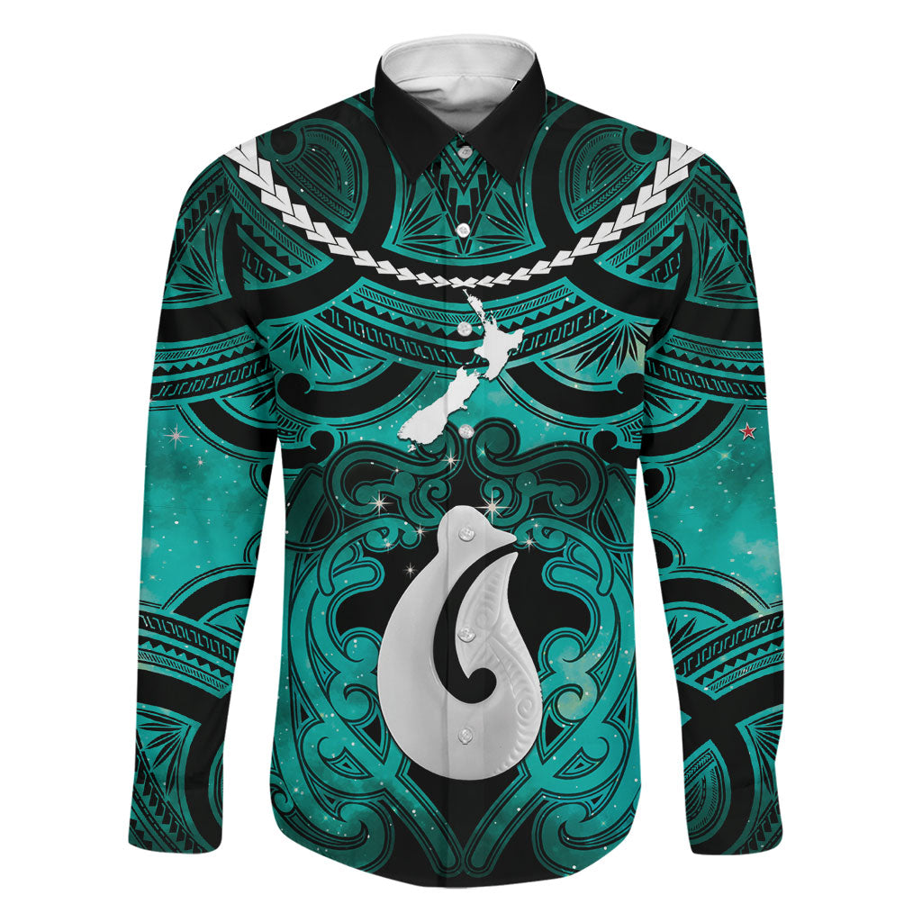 Personalised Maori Matariki Hei Matau Turquoise Family Matching Off The Shoulder Long Sleeve Dress and Hawaiian Shirt Maori Kowhaiwhai Pattern Galaxy LT01 Dad's Shirt - Long Sleeve Turquoise - Polynesian Pride