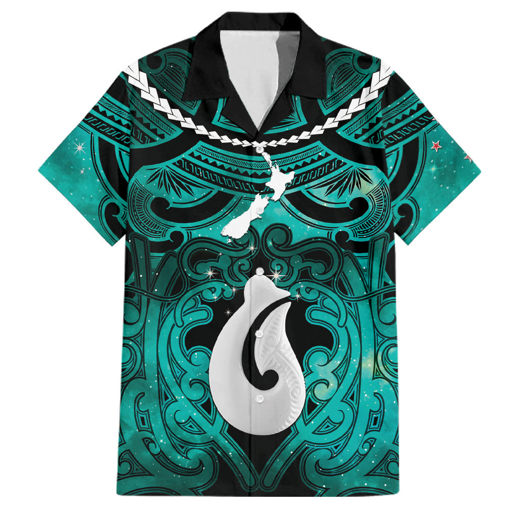 Personalised Maori Matariki Hei Matau Turquoise Family Matching Puletasi and Hawaiian Shirt Maori Kowhaiwhai Pattern Galaxy LT01 Dad's Shirt - Short Sleeve Turquoise - Polynesian Pride