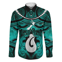 Personalised Maori Matariki Hei Matau Turquoise Family Matching Puletasi and Hawaiian Shirt Maori Kowhaiwhai Pattern Galaxy LT01 Dad's Shirt - Long Sleeve Turquoise - Polynesian Pride
