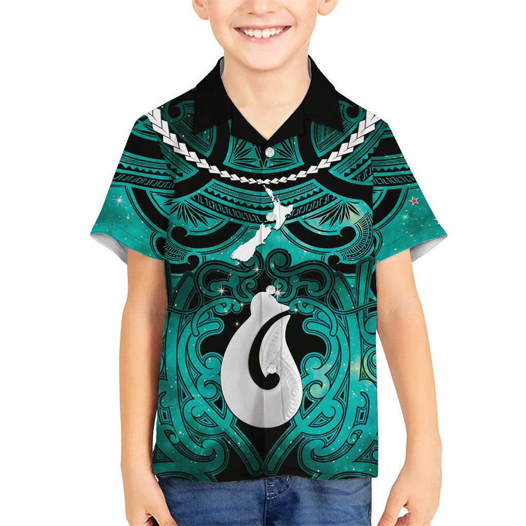 Personalised Maori Matariki Hei Matau Turquoise Family Matching Puletasi and Hawaiian Shirt Maori Kowhaiwhai Pattern Galaxy LT01 Son's Shirt Turquoise - Polynesian Pride