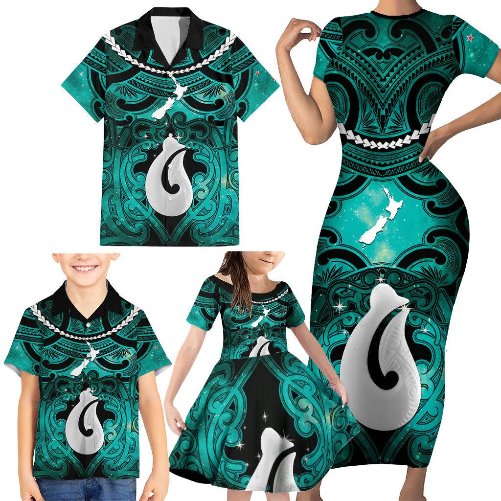 Personalised Maori Matariki Hei Matau Turquoise Family Matching Short Sleeve Bodycon Dress and Hawaiian Shirt Maori Kowhaiwhai Pattern Galaxy