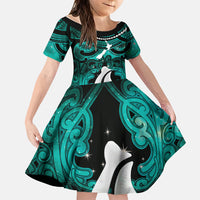 Personalised Maori Matariki Hei Matau Turquoise Family Matching Tank Maxi Dress and Hawaiian Shirt Maori Kowhaiwhai Pattern Galaxy LT01 Daughter's Dress Turquoise - Polynesian Pride