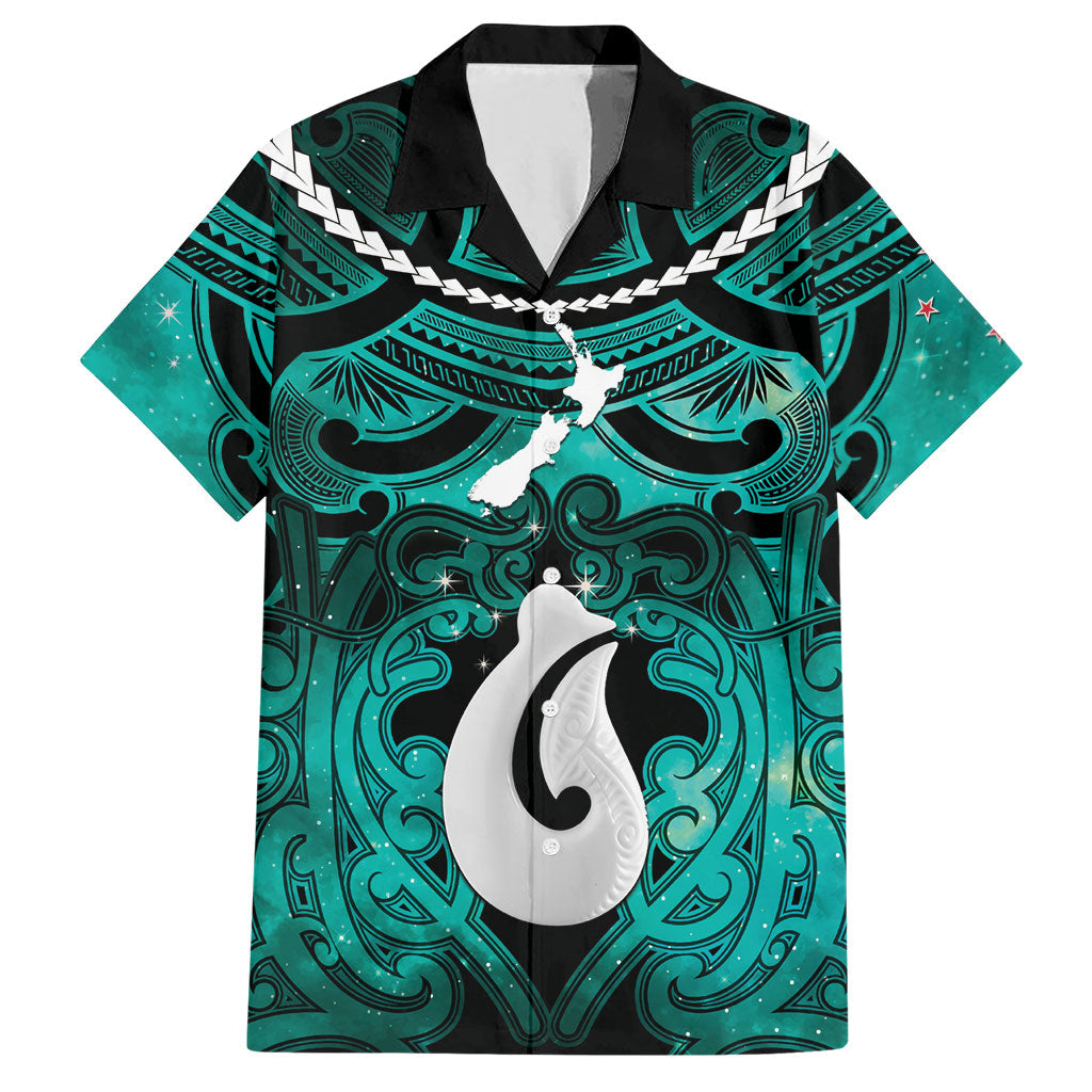 Personalised Maori Matariki Hei Matau Turquoise Hawaiian Shirt Maori Kowhaiwhai Pattern Galaxy
