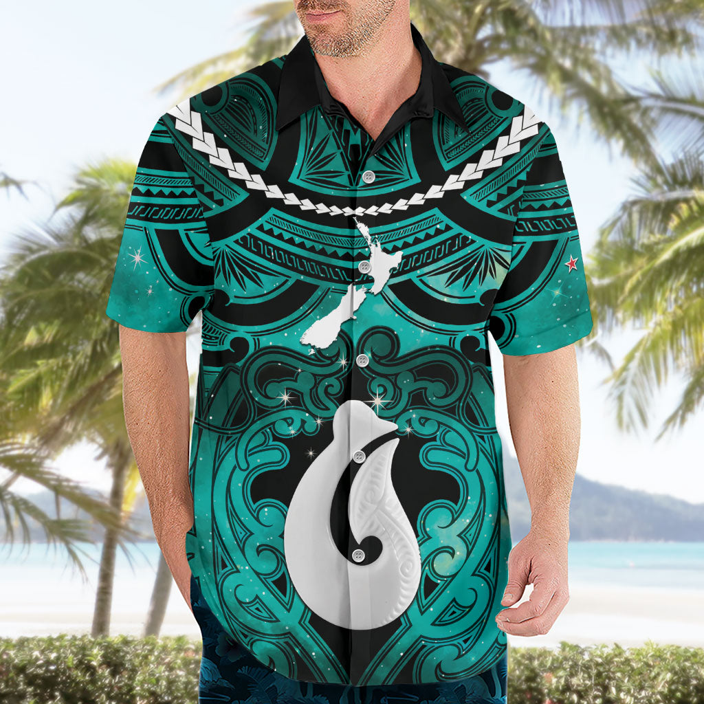 Personalised Maori Matariki Hei Matau Turquoise Hawaiian Shirt Maori Kowhaiwhai Pattern Galaxy
