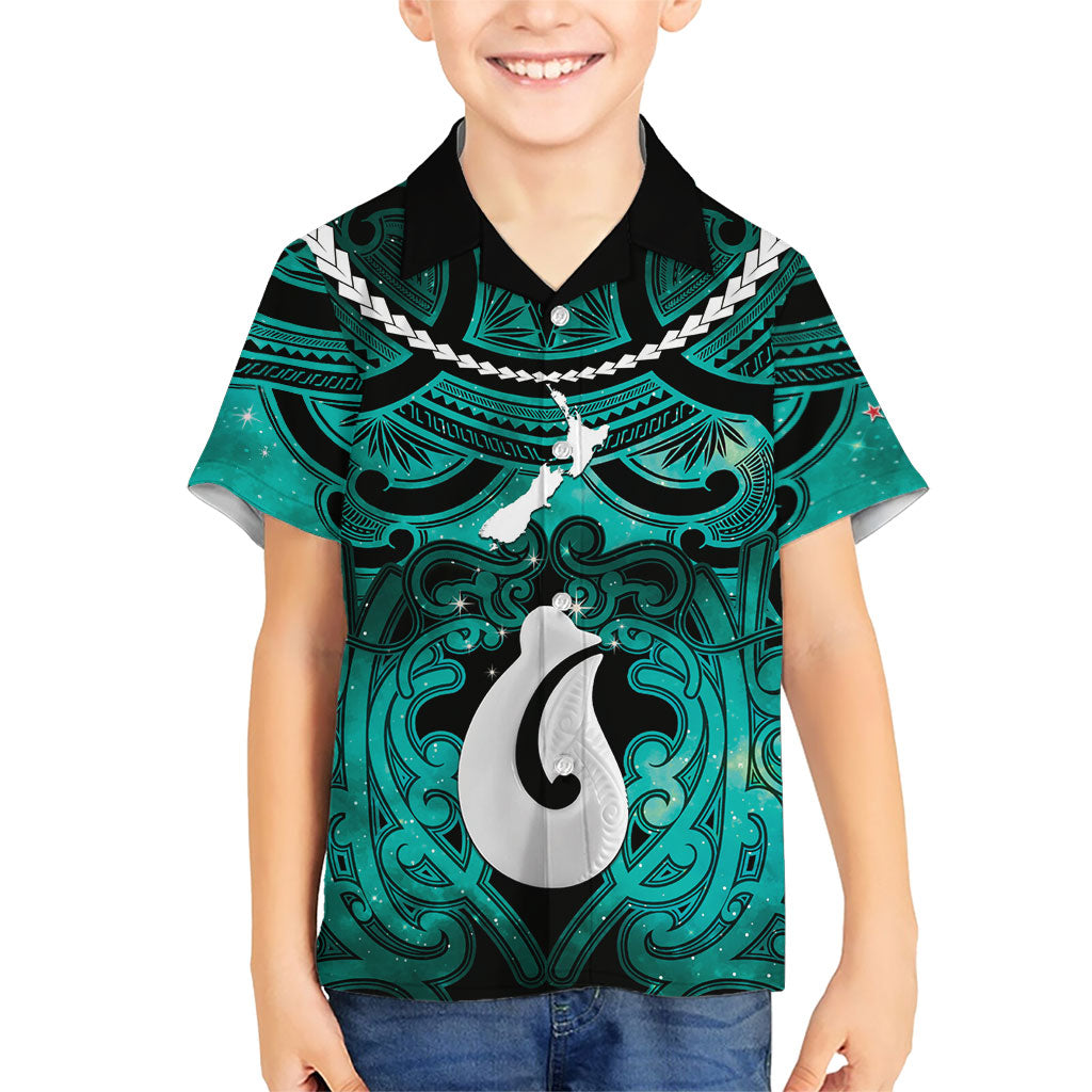 Personalised Maori Matariki Hei Matau Turquoise Hawaiian Shirt Maori Kowhaiwhai Pattern Galaxy