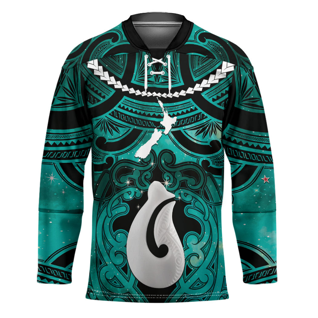 Personalised Maori Matariki Hei Matau Turquoise Hockey Jersey Maori Kowhaiwhai Pattern Galaxy