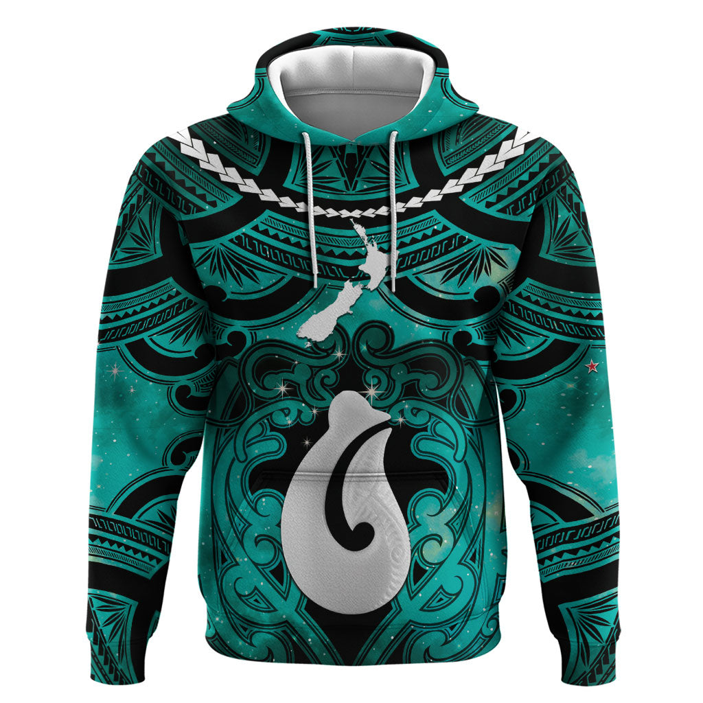 Personalised Maori Matariki Hei Matau Turquoise Hoodie Maori Kowhaiwhai Pattern Galaxy