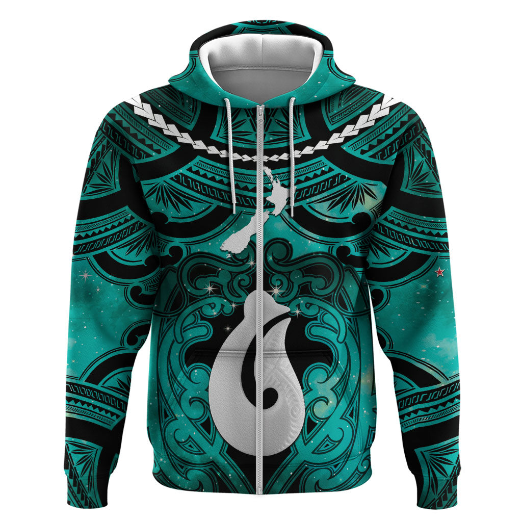Personalised Maori Matariki Hei Matau Turquoise Hoodie Maori Kowhaiwhai Pattern Galaxy LT01 Zip Hoodie Turquoise - Polynesian Pride