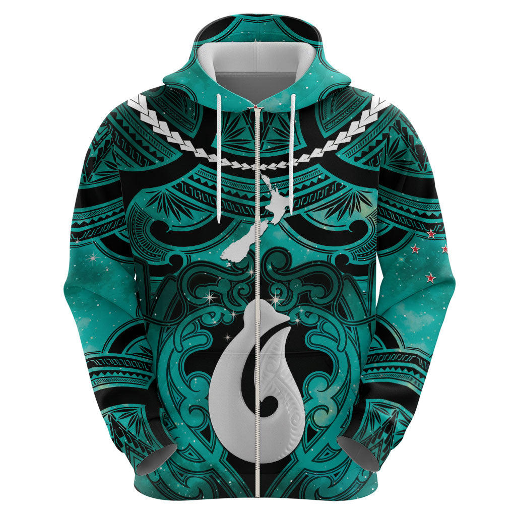 Personalised Maori Matariki Hei Matau Turquoise Hoodie Maori Kowhaiwhai Pattern Galaxy LT01 - Polynesian Pride
