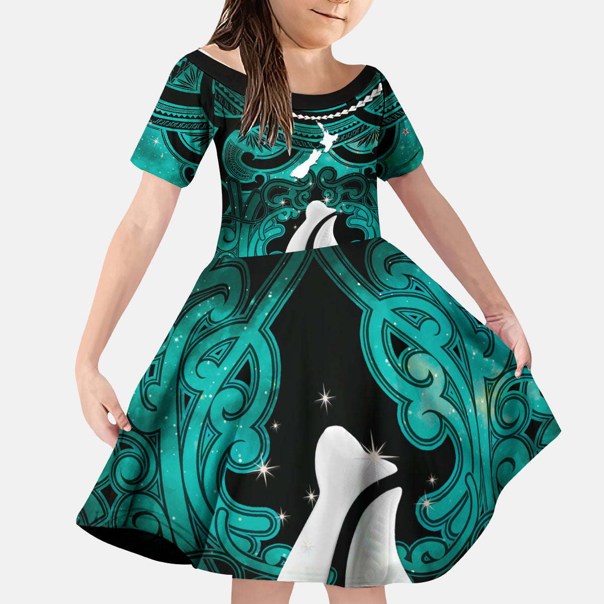 Personalised Maori Matariki Hei Matau Turquoise Kid Short Sleeve Dress Maori Kowhaiwhai Pattern Galaxy