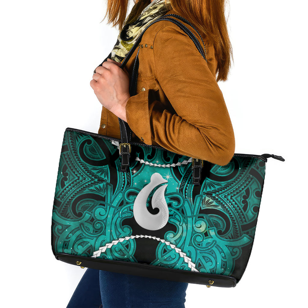 Maori Matariki Hei Matau Turquoise Leather Tote Bag Maori Kowhaiwhai Pattern Galaxy LT01 Turquoise - Polynesian Pride