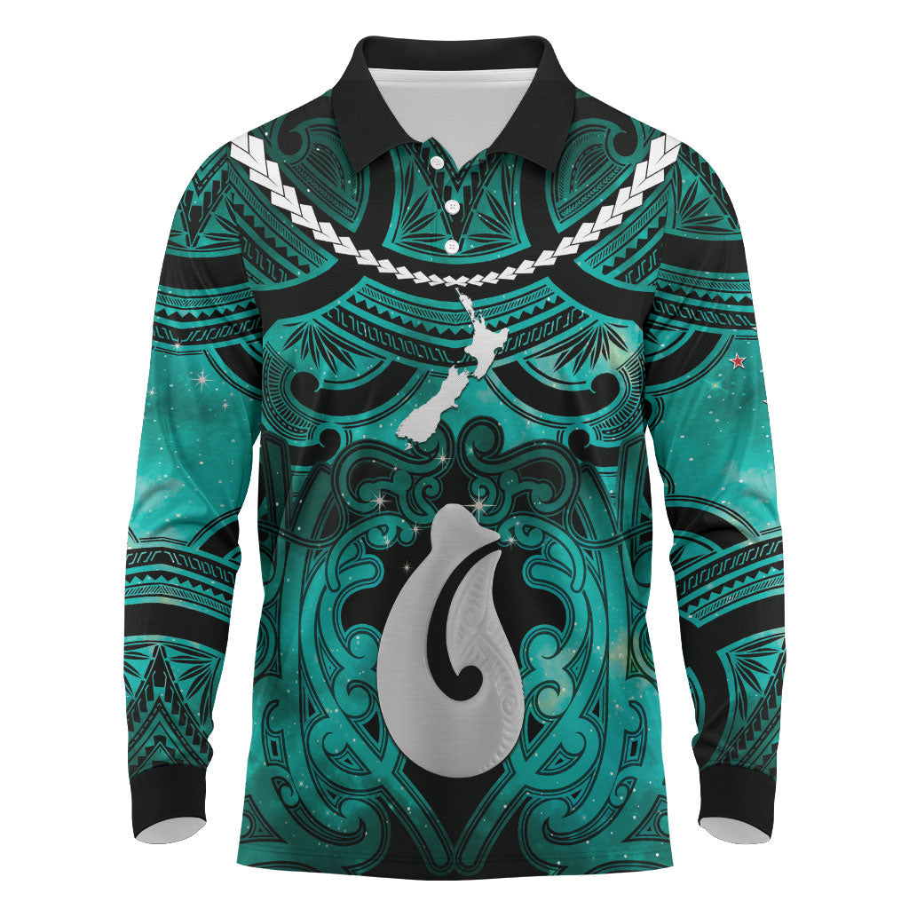 Personalised Maori Matariki Hei Matau Turquoise Long Sleeve Polo Shirt Maori Kowhaiwhai Pattern Galaxy
