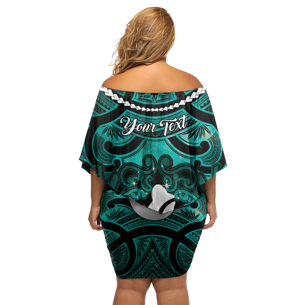 Personalised Maori Matariki Hei Matau Turquoise Off Shoulder Short Dress Maori Kowhaiwhai Pattern Galaxy LT01 - Polynesian Pride