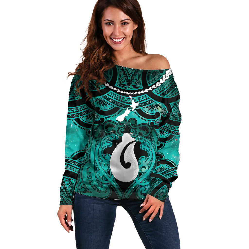 Personalised Maori Matariki Hei Matau Turquoise Off Shoulder Sweater Maori Kowhaiwhai Pattern Galaxy