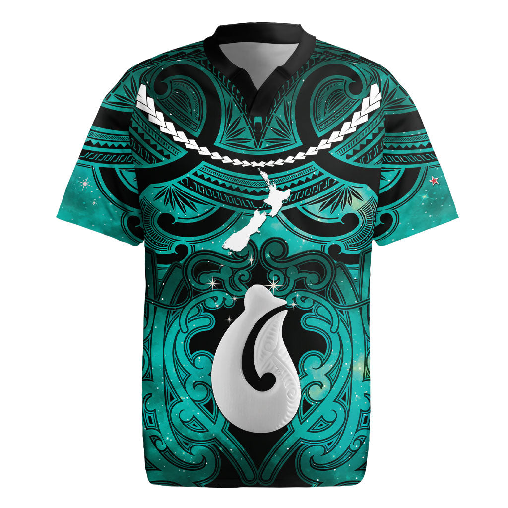 Personalised Maori Matariki Hei Matau Turquoise Rugby Jersey Maori Kowhaiwhai Pattern Galaxy