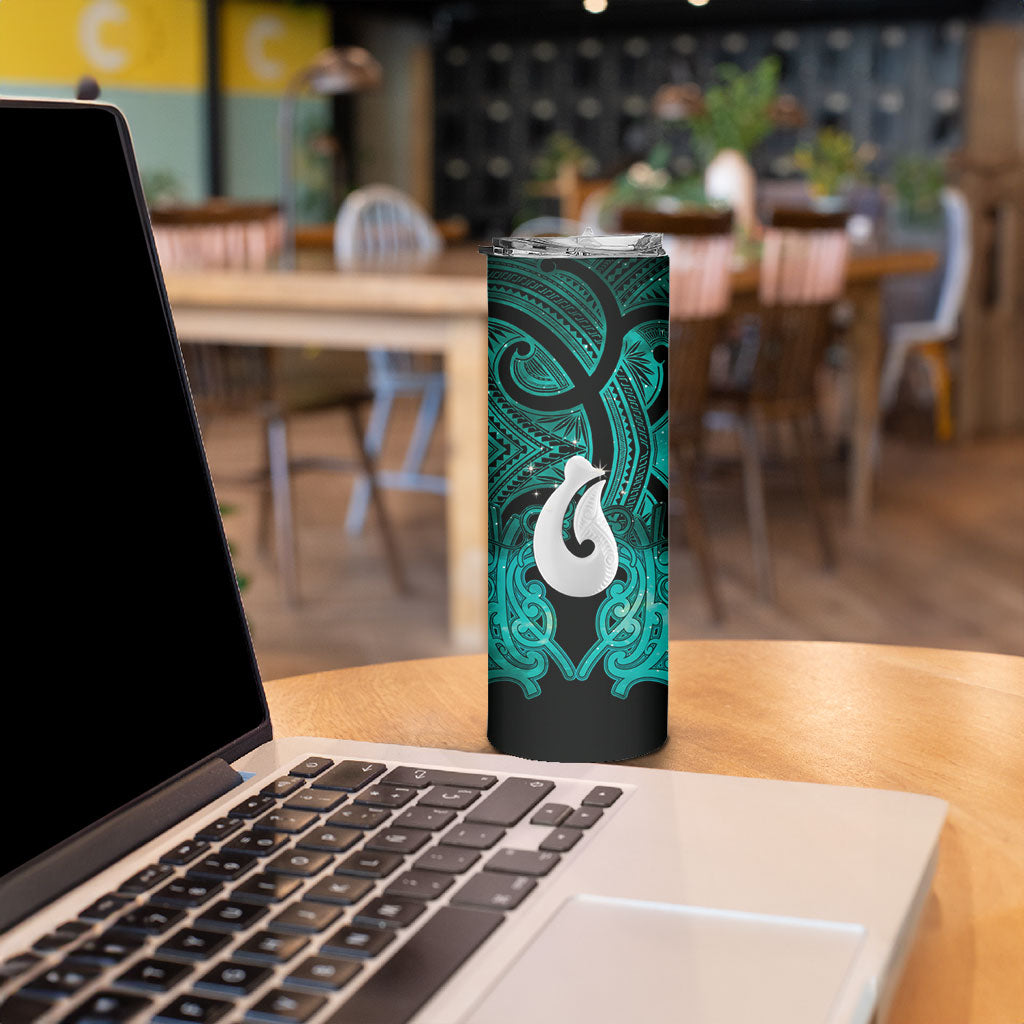 Personalised Maori Matariki Hei Matau Turquoise Skinny Tumbler Maori Kowhaiwhai Pattern Galaxy LT01 - Polynesian Pride