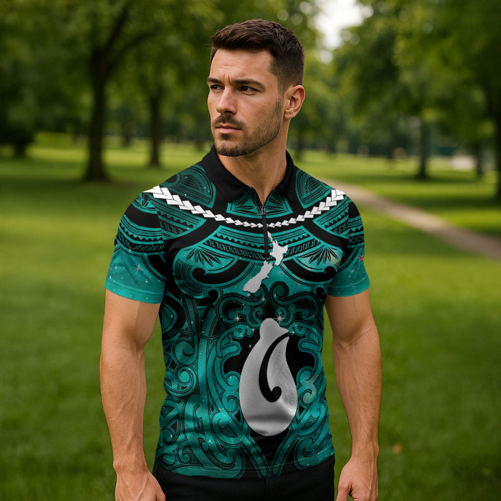 Personalised Maori Matariki Hei Matau Turquoise Zipper Polo Shirt Maori Kowhaiwhai Pattern Galaxy LT01 - Polynesian Pride