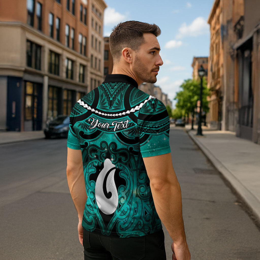 Personalised Maori Matariki Hei Matau Turquoise Zipper Polo Shirt Maori Kowhaiwhai Pattern Galaxy LT01 - Polynesian Pride