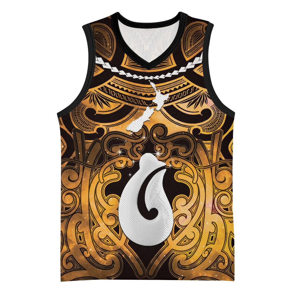 Personalised Maori Matariki Hei Matau Kowhai Basketball Jersey Maori Kowhaiwhai Pattern Galaxy